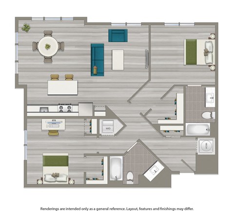 2 bedroom apartment floor plan rendering at city view apartments in washington dc
